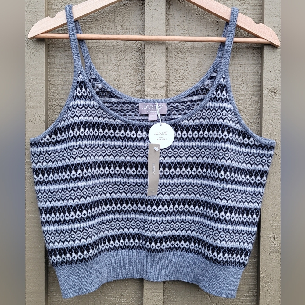 NWT J. Crew 100% Cashmere Fair Isle Sweater Tank, Black/Gray/White